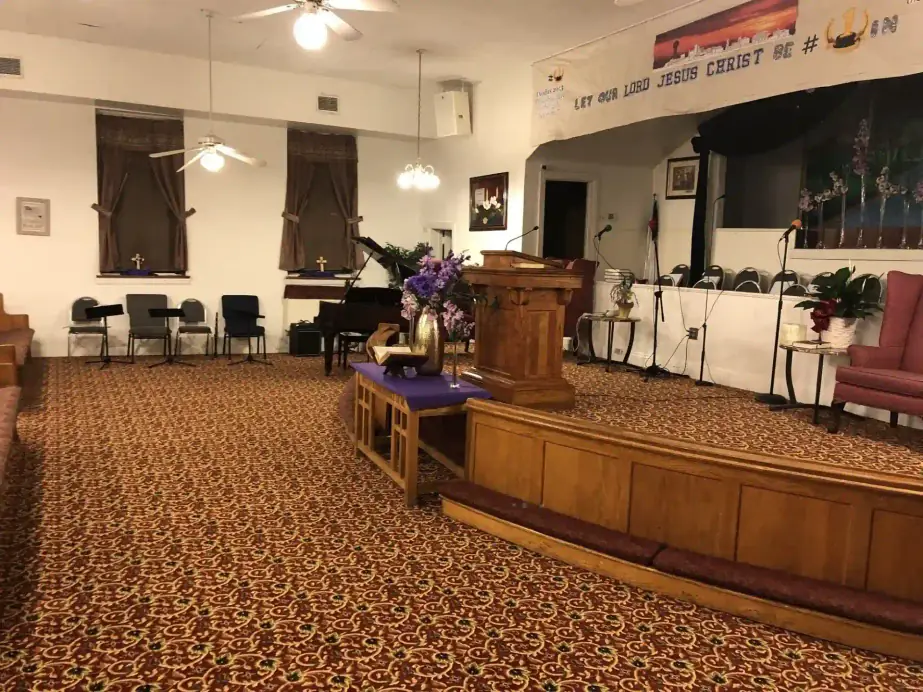 The platform and pulpit at the front of the Grace Bible Baptist Church sanctuary